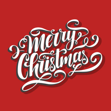 Merry Christmas vector lettering with flourishes. Handwritten typography template. White 3d letters isolated on red background. Festive ornate letters. Hand drawn clipart. Xmas design element.