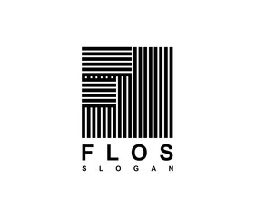Capital letter F is inscribed in a square.. Modern template for monograms, logos, emblems, initials. Made of black stripes overlapping with shadows.