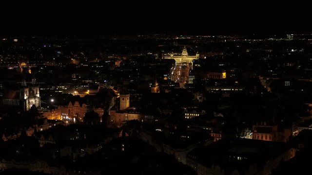 Prague Castle fortress 4k aerial drone by night