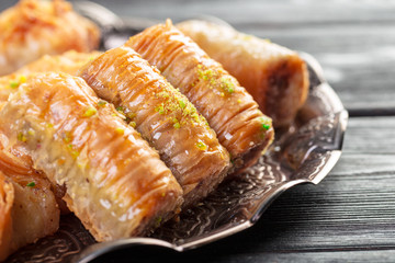 baklava fresh on a plate, baklava served with pistachio