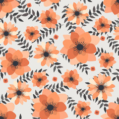 Floral vector artwork for apparel and fashion fabrics, Orange cosmos flowers wreath ivy style with branch and leaves. Seamless patterns background.