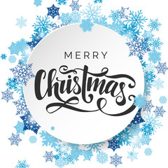 Merry Christmas vector lettering inscription. Handwritten greeting card for Christmas. Handlettering typography poster. White background with blue snowflakes. Xmas design template.