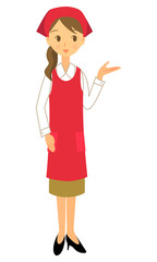 左手で案内するエプロンの女性店員　全身