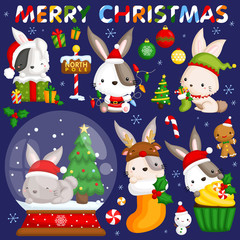 A vector set of cute little bunny in various poses and costume for christmas celebration