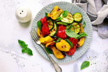 Warm grilled vegetables salad.Top view with copy space.