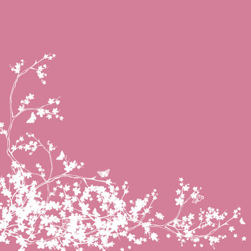 blooming sakura branches and butterflies corner decor - cherry tree blossom vector silhouette