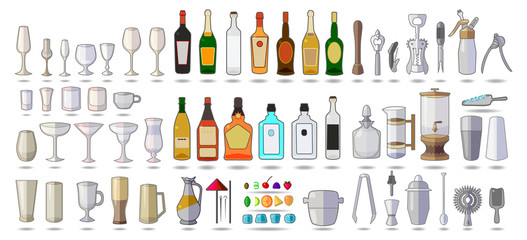 Set of objects bar equipment, Alcohol, tools, Tableware, icons isolated on white. Flat vector. Alcohol color icons set with drink bottles and glass shots isolated vector illustration