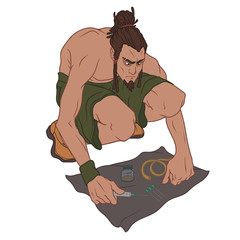 Young man with dreadlocks preparing to do drugs on the floor