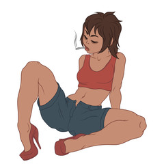 Young woman sitting on the floor with the blunt in her mouth