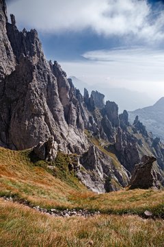 Panoramic view of the towers and spiers of the southern Grigna from the direct route, on a sunny autumn day.