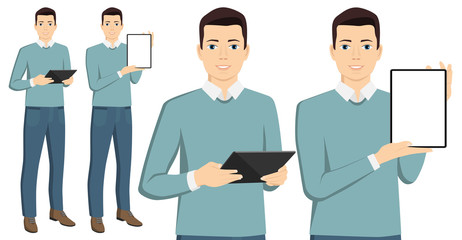 Man with a tablet computer isolated on white. Vector illustration