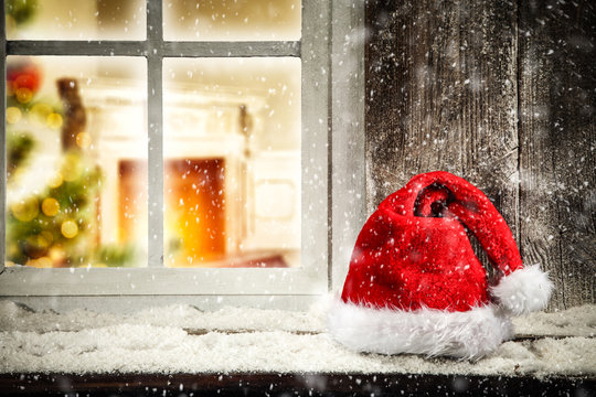 Santa Claus Hat On Window Sill 