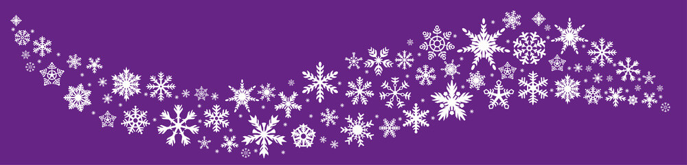 Snowflake vector wave icon background  proton purple color. Flake crystal element. Winter snow gift card or luxury celebration snow sand paillette wind. Glitter trail or confetti burst line.