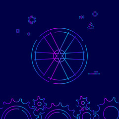 Bike Wheel, Rim and Spokes Vector Line Icon. Bicycle Spare Part Gradient Symbol, Pictogram, Sign. Dark Blue Background. Light Abstract Geometric Background. Related Bottom Border