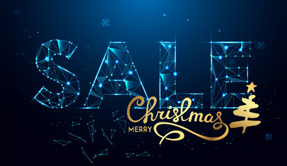 Fototapeta na wymiar Christmas Sale Text for promotion with Decorations in blue background. Vector Illustration, stylish gold lettering of Merry Christmas