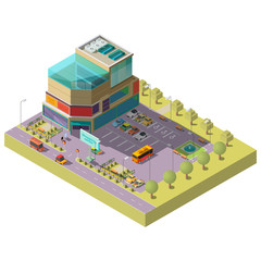 Vector 3d isometric shopping center with parking area. Multistorey modern building with place for different cars, bus stop. Supermarket, mall with glass shop windows. Architecture, cityscape concept.