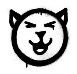 graffiti smiling cat icon sprayed in black over white