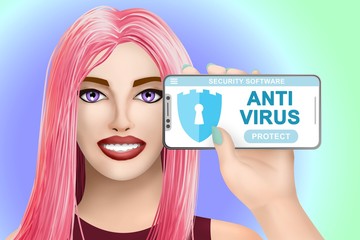 Concept anti virus software. Drawn nice girl on vivid background. Illustration
