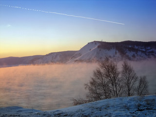 steam over Lake Baikal in winter