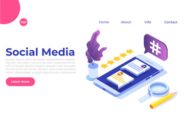 Social media isometric concept with characters. Landing page template. Vector illustration