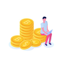 Rich businessman sitting on coin, bitcoin columns isometric concept. Vector illustration