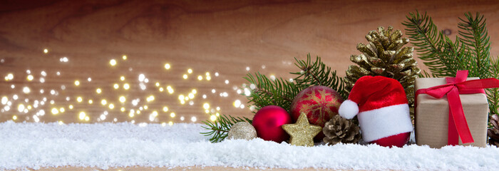 Christmas background with red Santa Hat ,decoration and white snow.