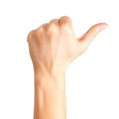 Woman holding hand in gesture of like sign, giving thumb up