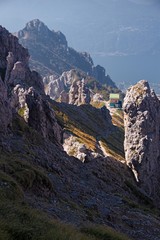 Fototapeta na wymiar The Rosalba refuge between the towers of the Southern Grigna from the Garibaldi hill.
