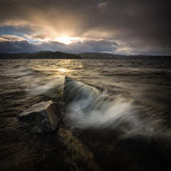 Waves in windy day by Jonsvatnet lake, Trondheim, Norway
