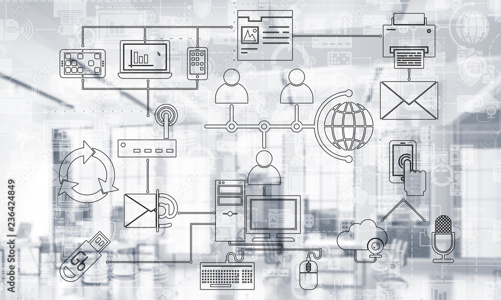 Aufkleber technology background image with media interface as connection and networking idea. mixed media