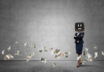 Business woman with old TV instead of head.