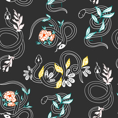 Snakes and flowers. Hand drawn vector seamless pattern. Black background