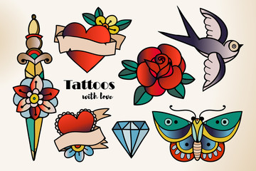 Hand drawn traditional tattoos. Colored graphic vector set. All elements are isolated