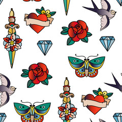 Hand drawn traditional tattoos. Colored graphic vector seamless pattern