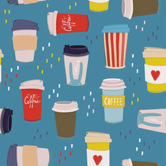 Hand drawn various coffee cups. Vector seamless pattern. Blue background