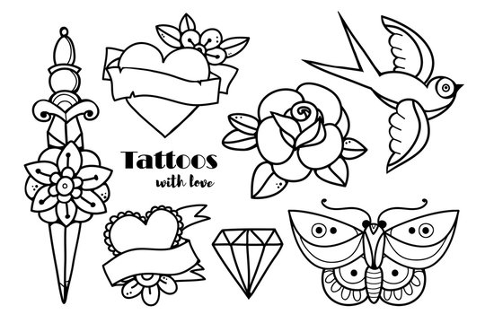 Hand drawn traditional tattoos. Graphic vector set. All elements are isolated