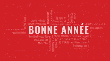 Happy New Year text in French 'Bonne Annee' with word cloud on a red background