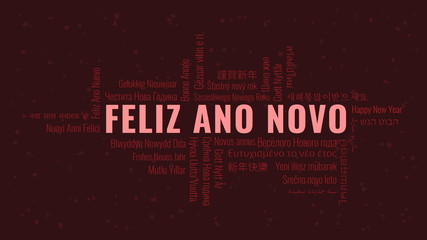 Happy New Year text in Portuguese 'Feliz Ano Novo' with word cloud on a dark background