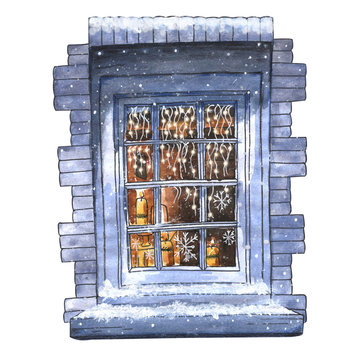 Watercolor Christmas winter window.