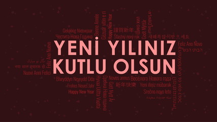 Happy New Year text in Turkish 'Yeni Yiliniz Kutlu Olsun' with word cloud on a dark background
