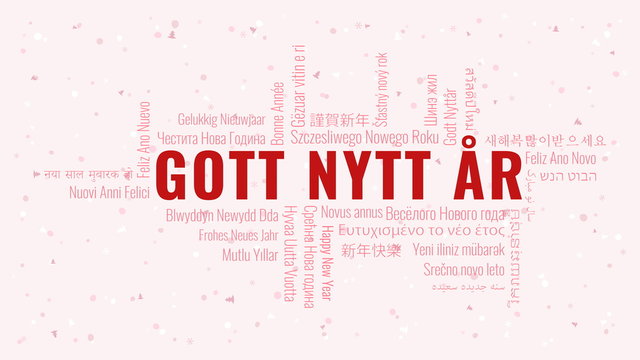 Happy New Year text in Swedish 'Gott Nytt Ar' with word cloud on a white background