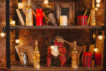 christmas room interior tree decorated by lights gifts toys candles holiday concept