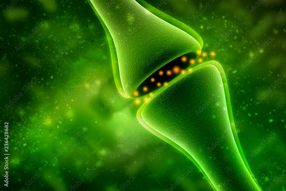 Poster synapse and neuron cells sending electrical chemical signals. 3d rendering