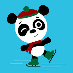 Cute panda is skating, dancing on ice. New year and Christmas card composition. Vector Illustration of Happy Cartoon Bear. Cute Kawaii Funny Character.