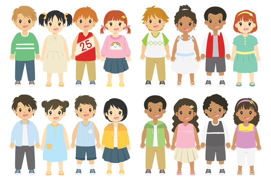 Children cartoon vector collection. Happy kids vector with different hairstyle, skin color and outfits. 