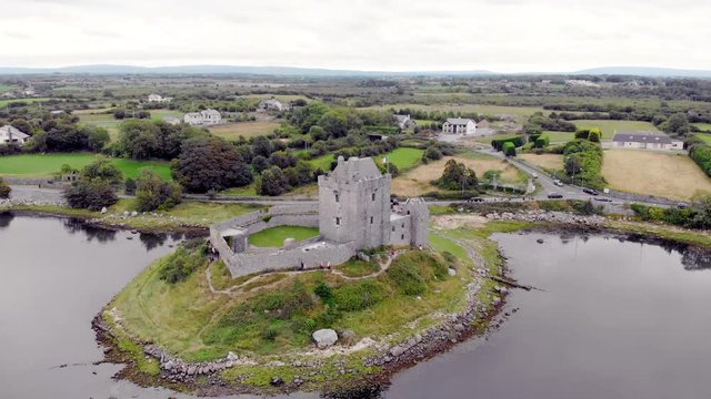 An aerial view of Dunguaire Castle, a 16th-century tower house situated on the south-eastern shore of Galway Bay, thought to be the most photographed castle in Ireland.