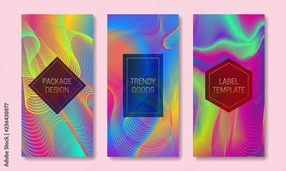 Poster vibrant packaging design with colorful stream of lines and dots. set of trendy labels templates. iri