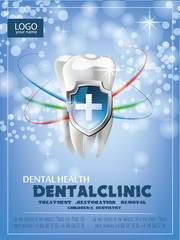the concept of vector realistic illustration. Tooth on a blue green sparkling background. Professional teeth whitening ad design template.