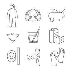 Line icon set painter equipments as compressor, protective suit, paint mask, gun, hardener, lacquer, gloves, sandpaper, strainer