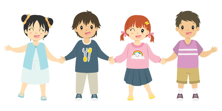 Happy boys and girls holding hands, with different clothes and hairstyles. Children cartoon vector